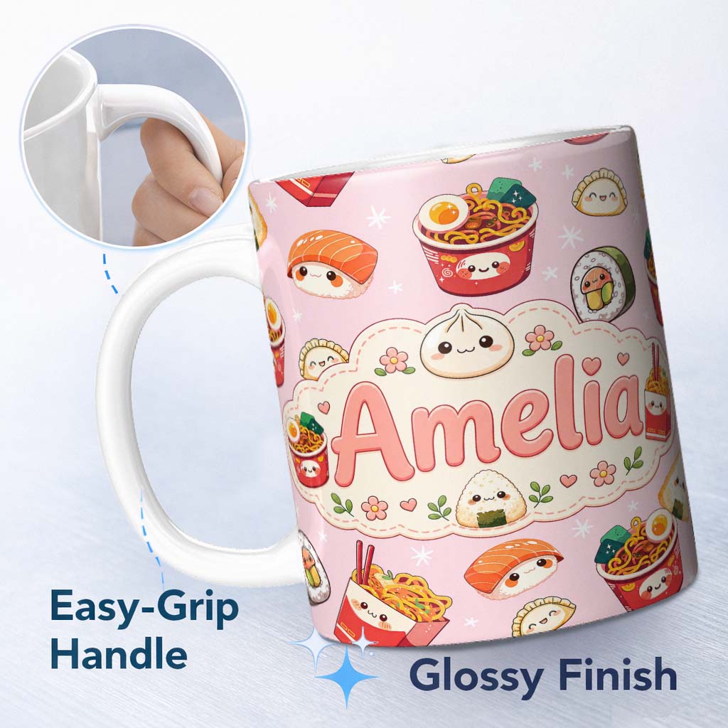 Personalized Custom Name Kawaii Sushi Ramen Dumpling Asian Food Seamless Pattern Soft Pink 11oz Ceramic Coffee Tea Mug White Large Handle
