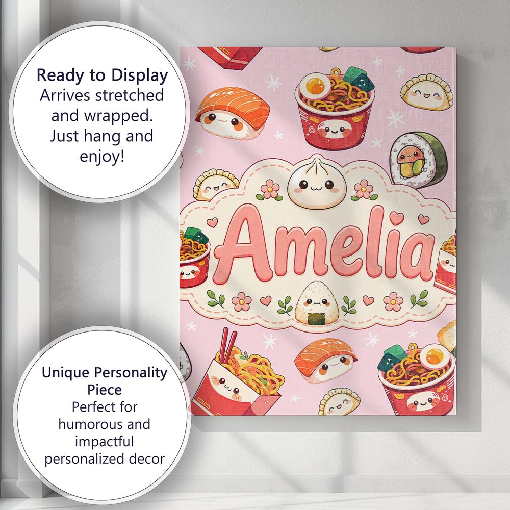 Personalised Name Kawaii Sushi Ramen Custom Premium Decorative Design Modern Room Accent Canvas Wall Art Print Decor Picture Ready to Hang
