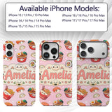 Kawaii Sushi Ramen Dumpling Asian Food Seamless Custom Name Protective Phone Case Mobile Cover Durable Everyday Smartphone Shock Resistant