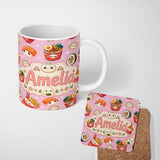 Personalized Custom Name Kawaii Sushi Ramen Dumpling Asian Food Seamless Pattern Rose Pink 11oz Ceramic Coffee Tea Mug White Large Handle