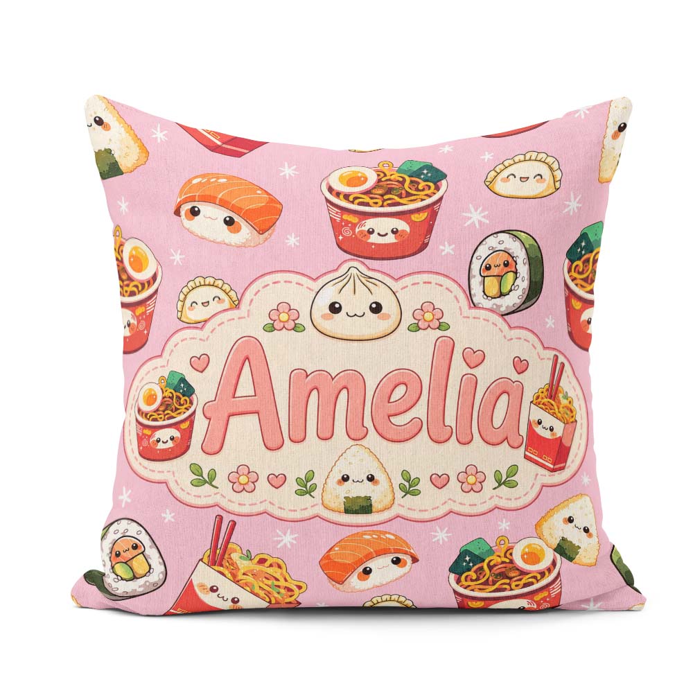 Custom Name Kawaii Sushi Ramen Dumpling Asian Food Seamless Rose Square Filled Cushion Throw Pillow Sofa Bed Home Decor Zip Washable UK Made