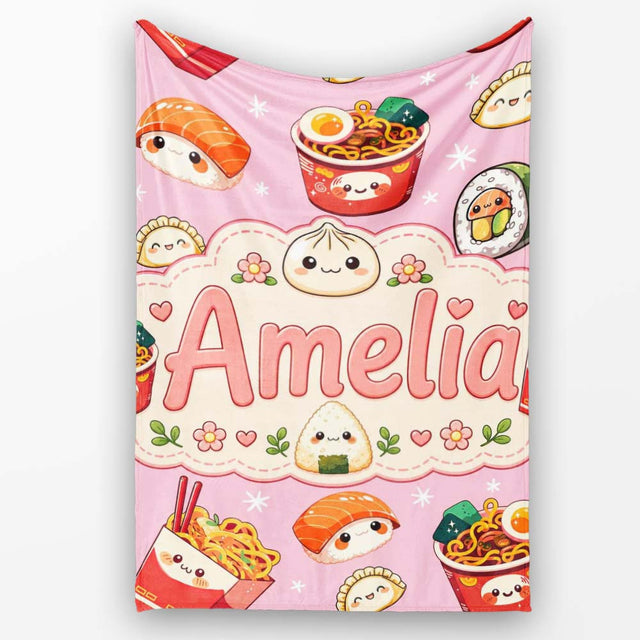 Kawaii Sushi Ramen Dumpling Asian Food Seamless Pattern Rose Pink  Personalised Custom Name Super Soft Fleece Blanket Bed Sofa Throw