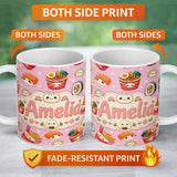 Personalized Custom Name Kawaii Sushi Ramen Dumpling Asian Food Seamless Pattern Rose Pink 11oz Ceramic Coffee Tea Mug White Large Handle