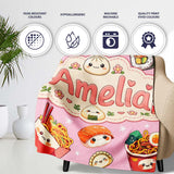 Kawaii Sushi Ramen Dumpling Asian Food Seamless Pattern Rose Pink  Personalised Custom Name Super Soft Fleece Blanket Bed Sofa Throw