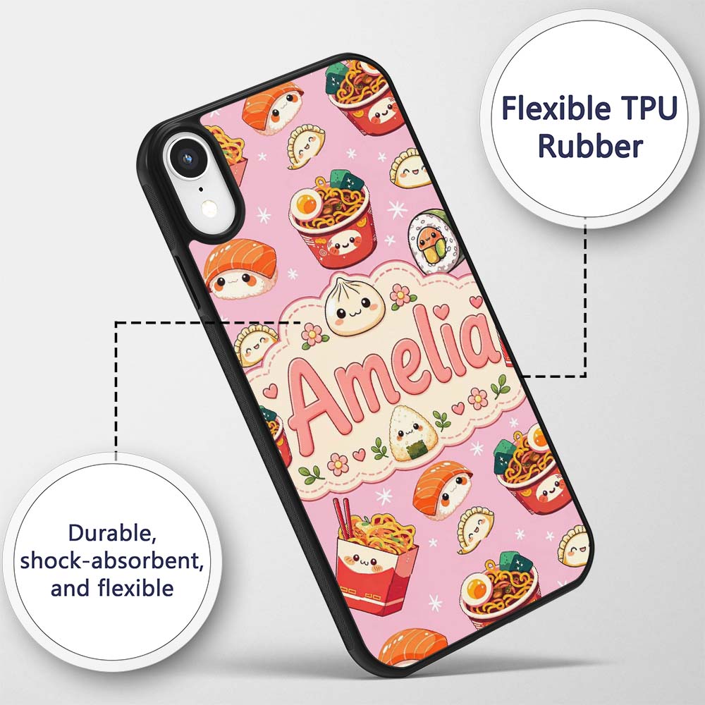 Kawaii Sushi Ramen Dumpling Asian Food Seamless Custom Name Protective Phone Case Mobile Cover Durable Everyday Smartphone Shock Resistant