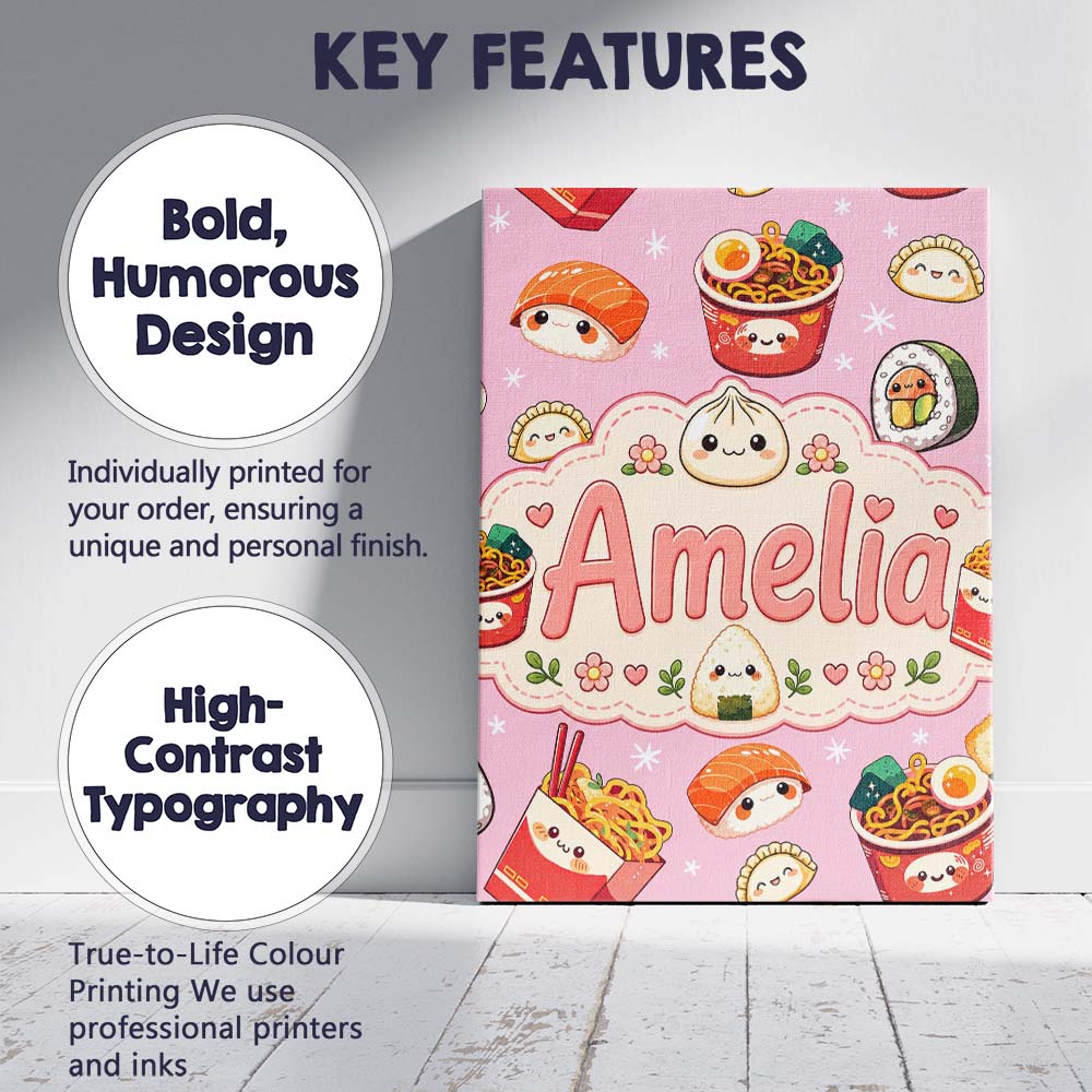 Personalised Name Kawaii Sushi Ramen Custom Premium Decorative Design Modern Room Accent Canvas Wall Art Print Decor Picture Ready to Hang