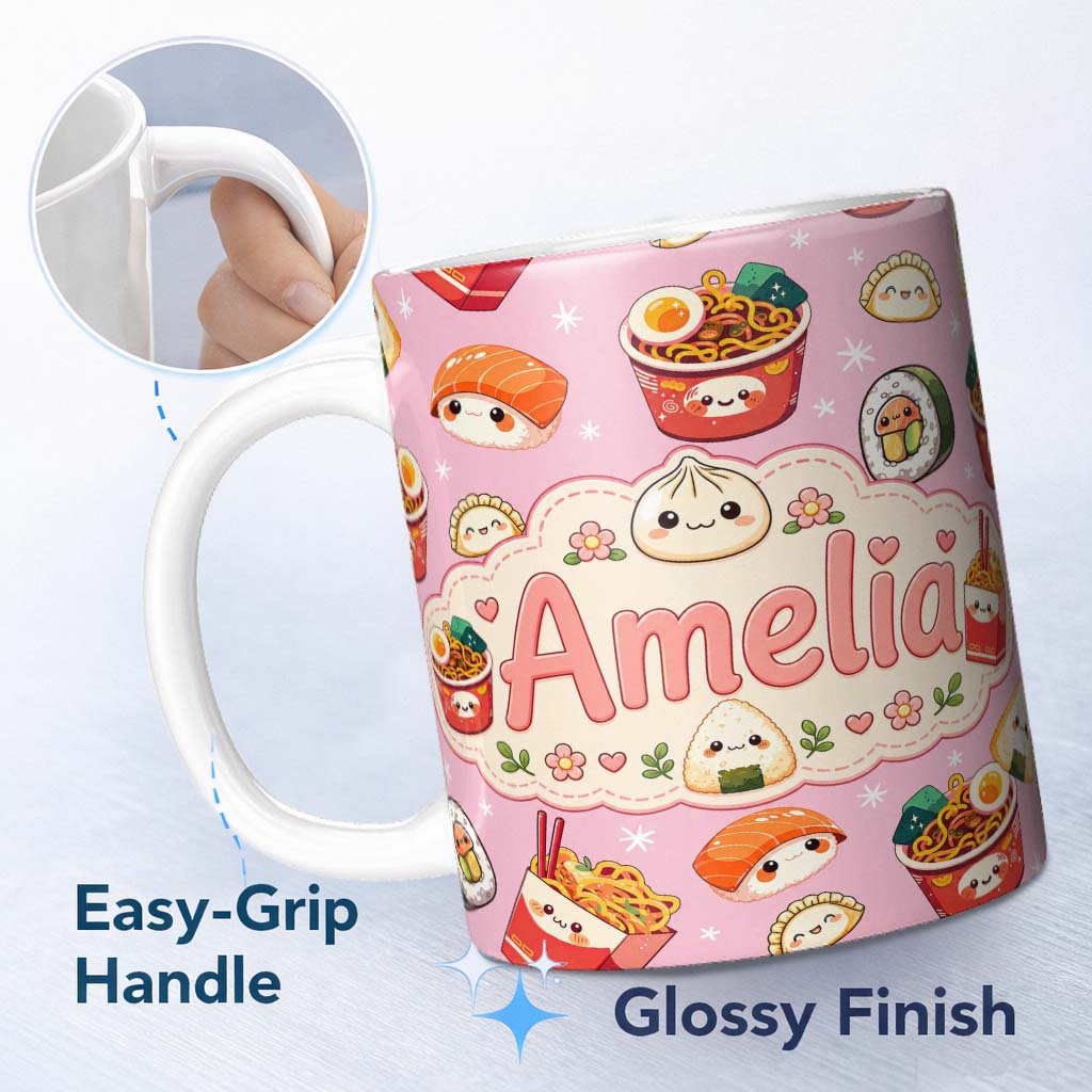 Personalized Custom Name Kawaii Sushi Ramen Dumpling Asian Food Seamless Pattern Rose Pink 11oz Ceramic Coffee Tea Mug White Large Handle