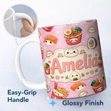 Personalized Custom Name Kawaii Sushi Ramen Dumpling Asian Food Seamless Pattern Rose Pink 11oz Ceramic Coffee Tea Mug White Large Handle