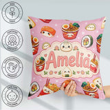 Custom Name Kawaii Sushi Ramen Dumpling Asian Food Seamless Rose Square Filled Cushion Throw Pillow Sofa Bed Home Decor Zip Washable UK Made
