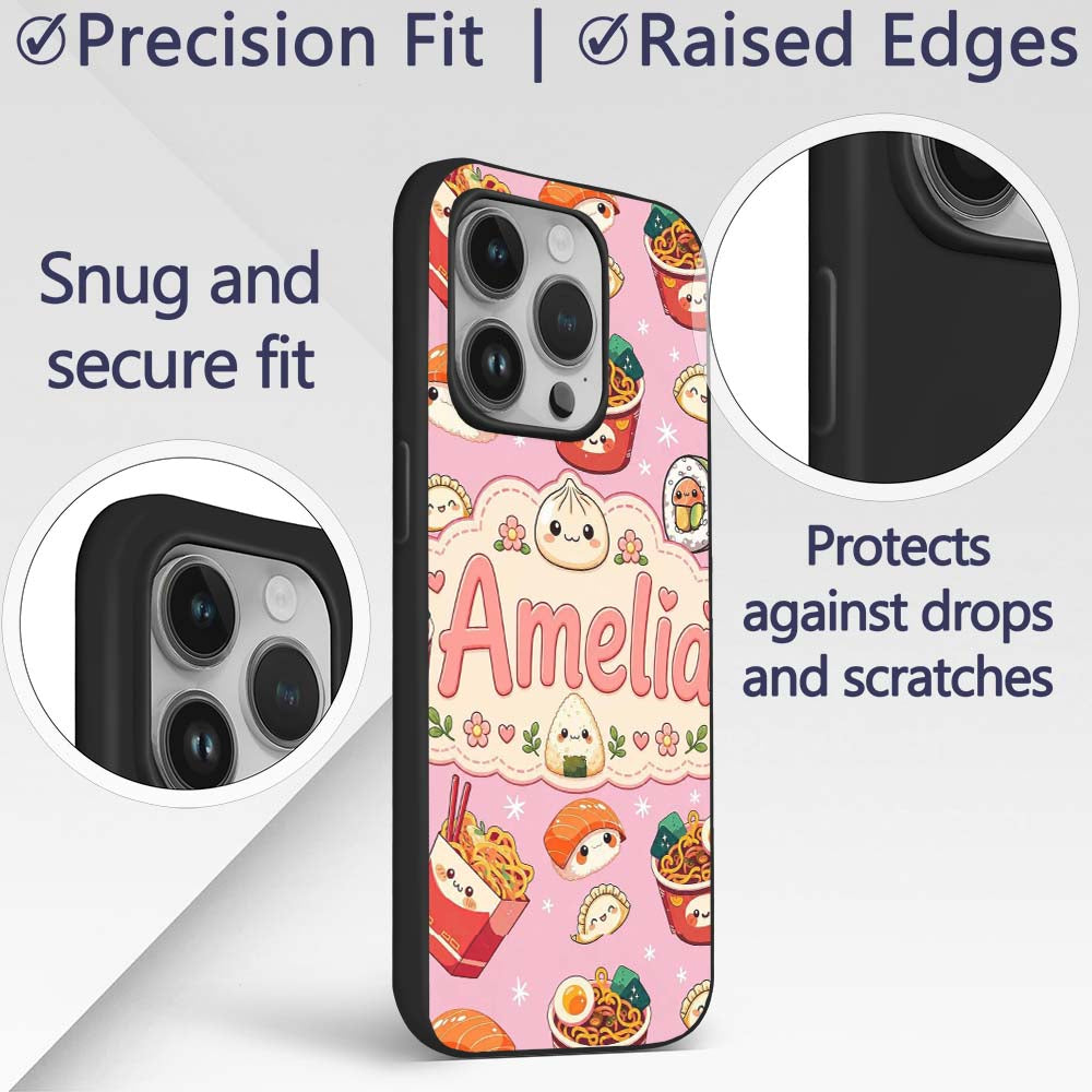 Kawaii Sushi Ramen Dumpling Asian Food Seamless Custom Name Protective Phone Case Mobile Cover Durable Everyday Smartphone Shock Resistant