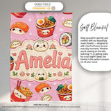 Kawaii Sushi Ramen Dumpling Asian Food Seamless Pattern Rose Pink  Personalised Custom Name Super Soft Fleece Blanket Bed Sofa Throw