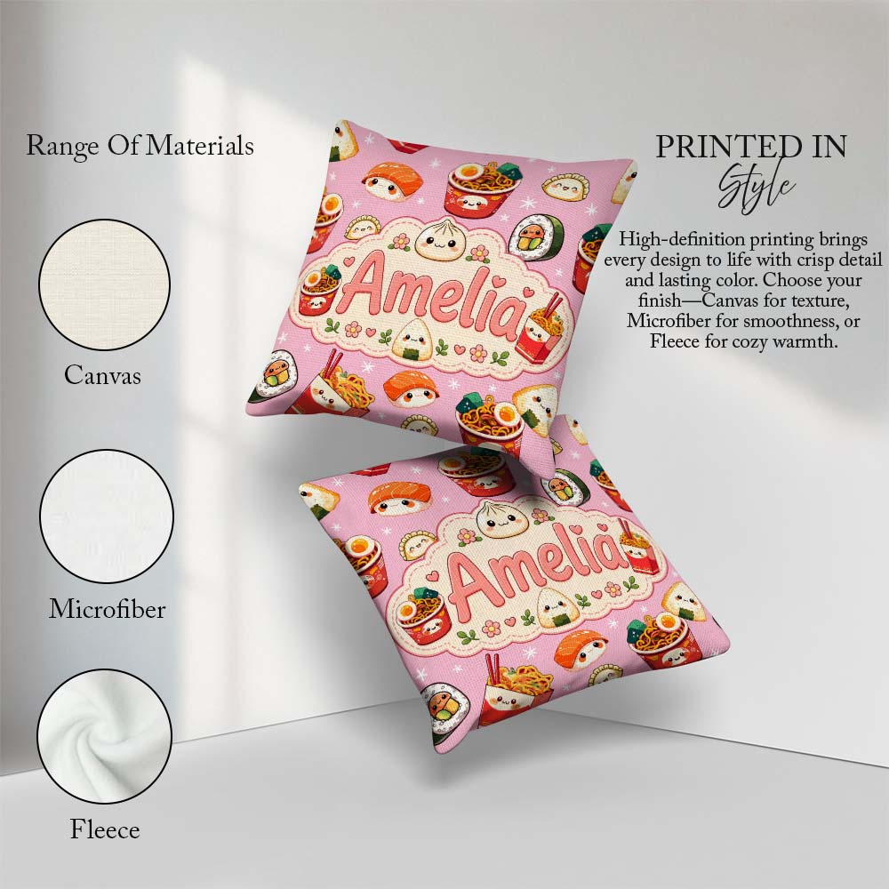 Custom Name Kawaii Sushi Ramen Dumpling Asian Food Seamless Rose Square Filled Cushion Throw Pillow Sofa Bed Home Decor Zip Washable UK Made