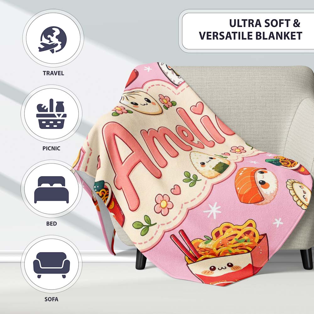 Kawaii Sushi Ramen Dumpling Asian Food Seamless Pattern Rose Pink  Personalised Custom Name Super Soft Fleece Blanket Bed Sofa Throw