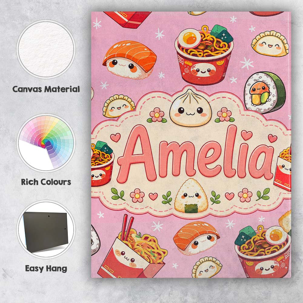 Personalised Name Kawaii Sushi Ramen Custom Premium Decorative Design Modern Room Accent Canvas Wall Art Print Decor Picture Ready to Hang