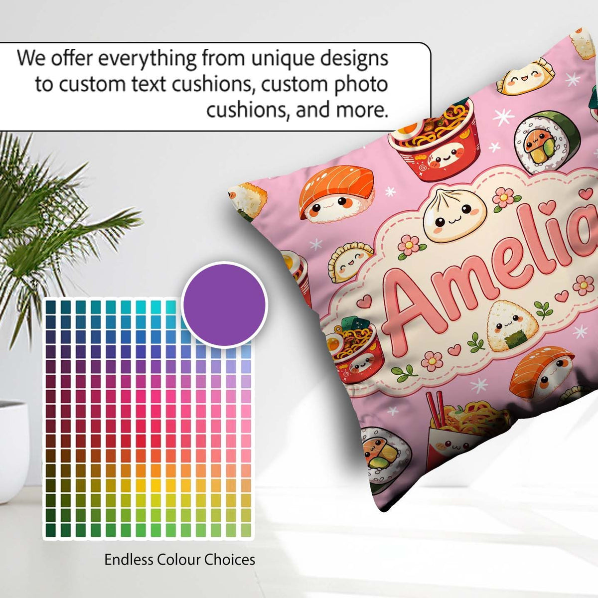 Custom Name Kawaii Sushi Ramen Dumpling Asian Food Seamless Rose Square Filled Cushion Throw Pillow Sofa Bed Home Decor Zip Washable UK Made