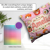 Custom Name Kawaii Sushi Ramen Dumpling Asian Food Seamless Rose Square Filled Cushion Throw Pillow Sofa Bed Home Decor Zip Washable UK Made