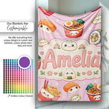 Kawaii Sushi Ramen Dumpling Asian Food Seamless Pattern Rose Pink  Personalised Custom Name Super Soft Fleece Blanket Bed Sofa Throw