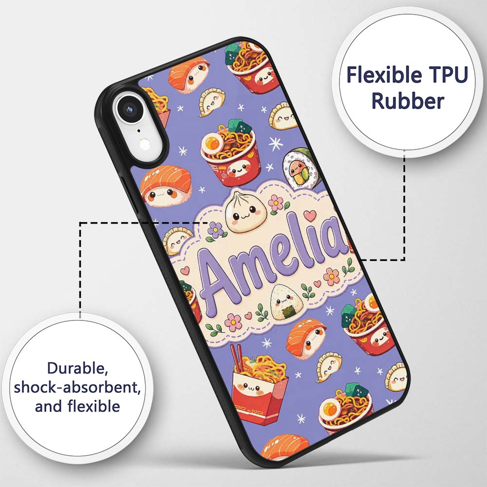 Kawaii Sushi Ramen Dumpling Asian Food Seamless Custom Name Protective Phone Case Mobile Cover Durable Everyday Smartphone Shock Resistant