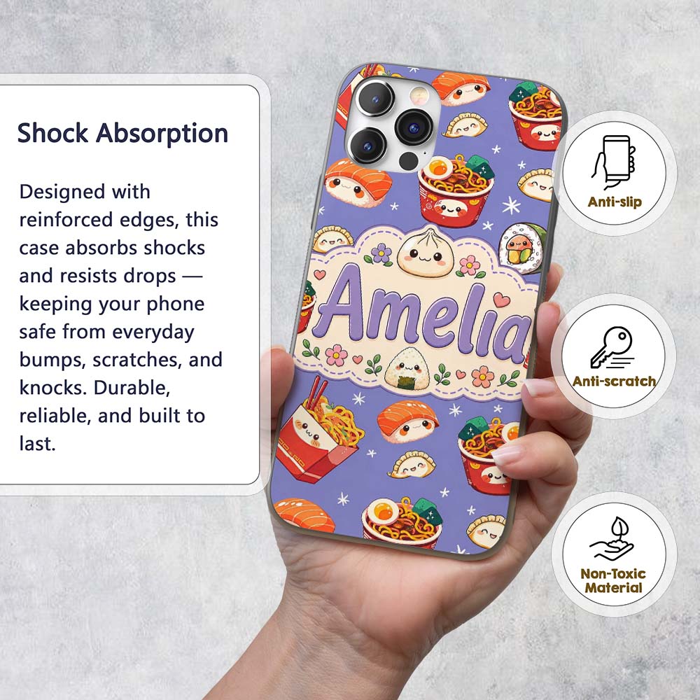 Kawaii Sushi Ramen Dumpling Asian Food Seamless Custom Name Protective Phone Case Mobile Cover Durable Everyday Smartphone Shock Resistant