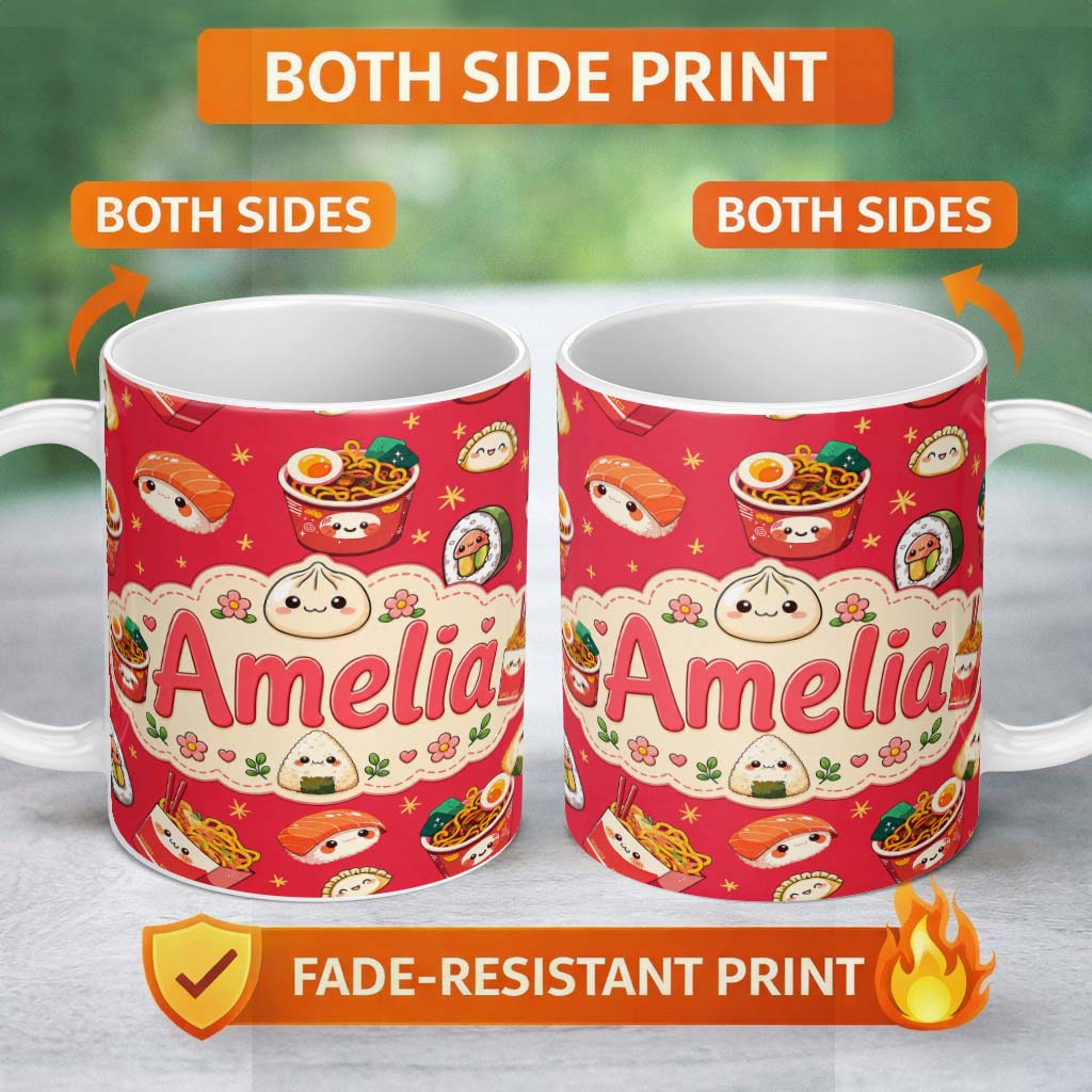 Personalized Custom Name Cute Kawaii Sushi Ramen Dumpling Asian Food Seamless Pattern Red 11oz Ceramic Coffee Tea Mug White Large Handle