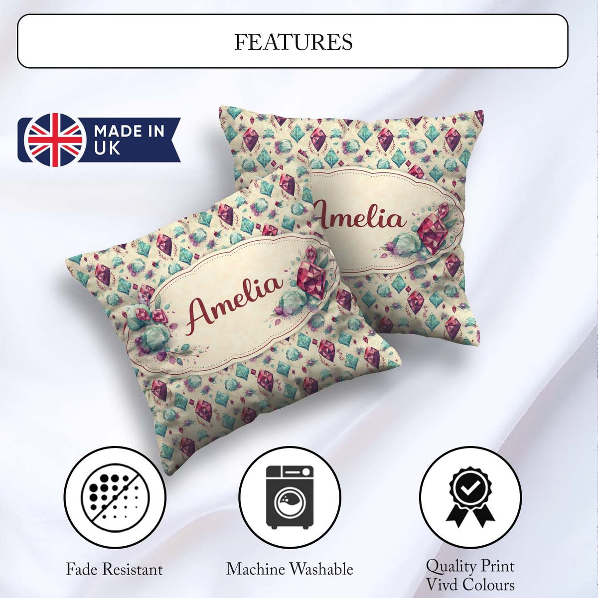 Custom Name Colorful Confetti Gemstone Background Playful Design Square Filled Cushion Throw Pillow Sofa Bed Home Decor Zip Washable UK Made