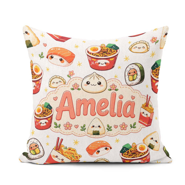 Custom Name Kawaii Sushi Ramen Dumpling Asian Food Pattern Light Square Filled Cushion Throw Pillow Sofa Bed Home Decor Zip Washable UK Made