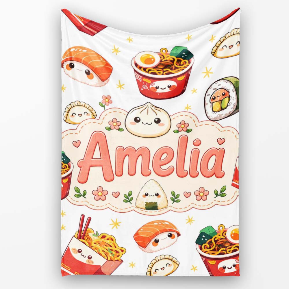 Kawaii Sushi Ramen Dumpling Asian Food Seamless Pattern Light Grey  Personalised Custom Name Super Soft Fleece Blanket Bed Sofa Throw