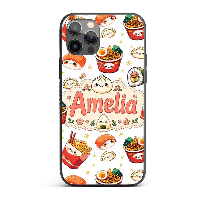 Kawaii Sushi Ramen Dumpling Asian Food Seamless Custom Name Protective Phone Case Mobile Cover Durable Everyday Smartphone Shock Resistant