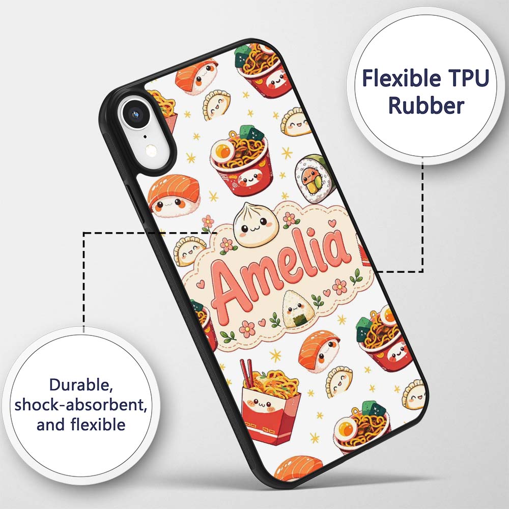 Kawaii Sushi Ramen Dumpling Asian Food Seamless Custom Name Protective Phone Case Mobile Cover Durable Everyday Smartphone Shock Resistant