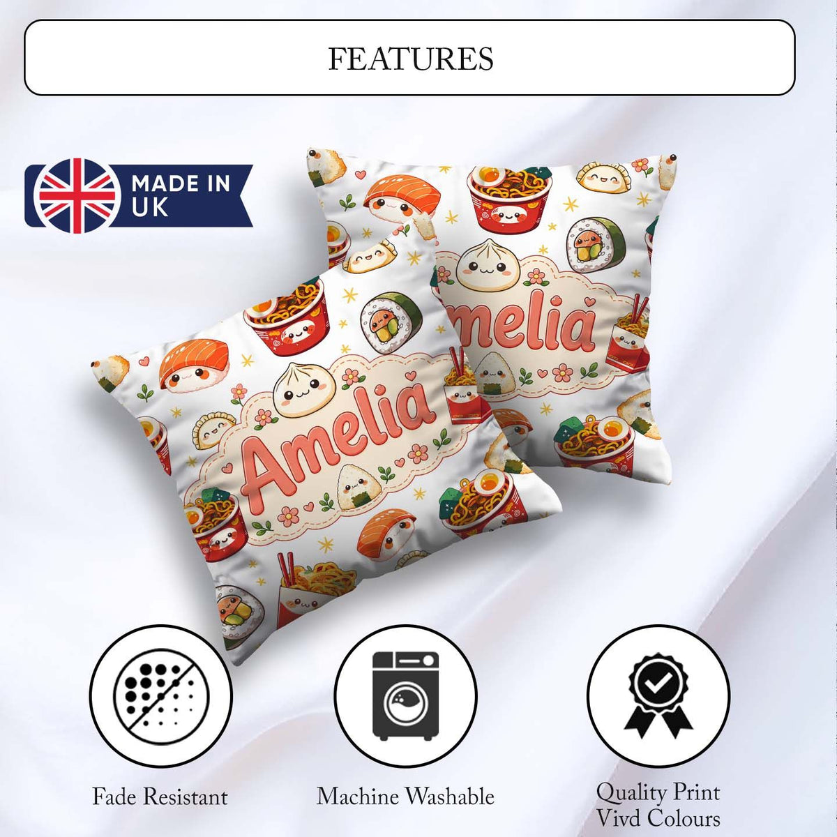 Custom Name Kawaii Sushi Ramen Dumpling Asian Food Pattern Light Square Filled Cushion Throw Pillow Sofa Bed Home Decor Zip Washable UK Made
