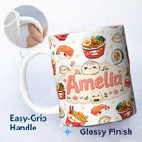 Personalized Custom Name Kawaii Sushi Ramen Dumpling Asian Food Seamless Pattern Light Grey 11oz Ceramic Coffee Tea Mug White Large Handle
