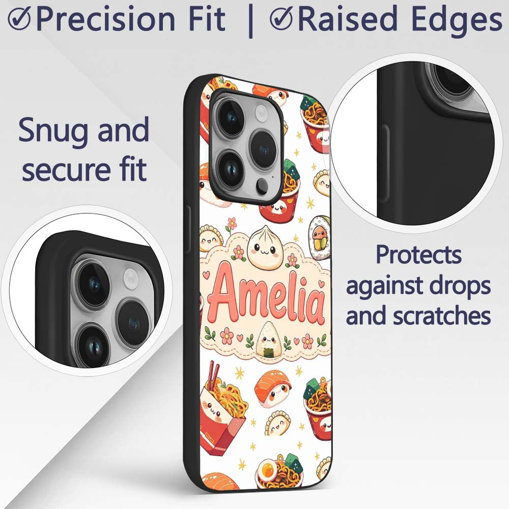 Kawaii Sushi Ramen Dumpling Asian Food Seamless Custom Name Protective Phone Case Mobile Cover Durable Everyday Smartphone Shock Resistant