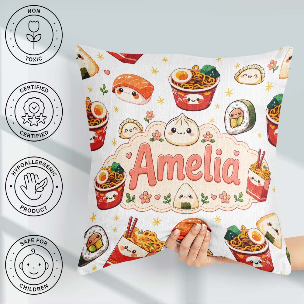Custom Name Kawaii Sushi Ramen Dumpling Asian Food Pattern Light Square Filled Cushion Throw Pillow Sofa Bed Home Decor Zip Washable UK Made