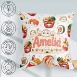 Custom Name Kawaii Sushi Ramen Dumpling Asian Food Pattern Light Square Filled Cushion Throw Pillow Sofa Bed Home Decor Zip Washable UK Made