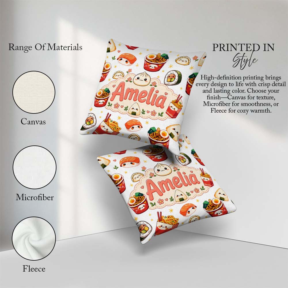 Custom Name Kawaii Sushi Ramen Dumpling Asian Food Pattern Light Square Filled Cushion Throw Pillow Sofa Bed Home Decor Zip Washable UK Made