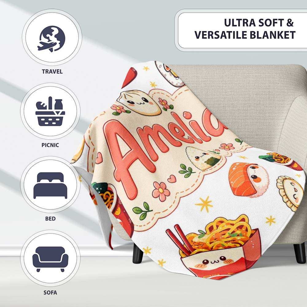 Kawaii Sushi Ramen Dumpling Asian Food Seamless Pattern Light Grey  Personalised Custom Name Super Soft Fleece Blanket Bed Sofa Throw