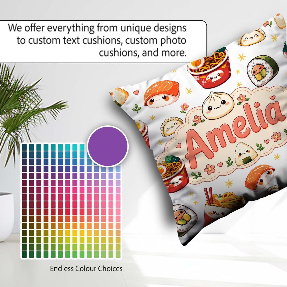 Custom Name Kawaii Sushi Ramen Dumpling Asian Food Pattern Light Square Filled Cushion Throw Pillow Sofa Bed Home Decor Zip Washable UK Made