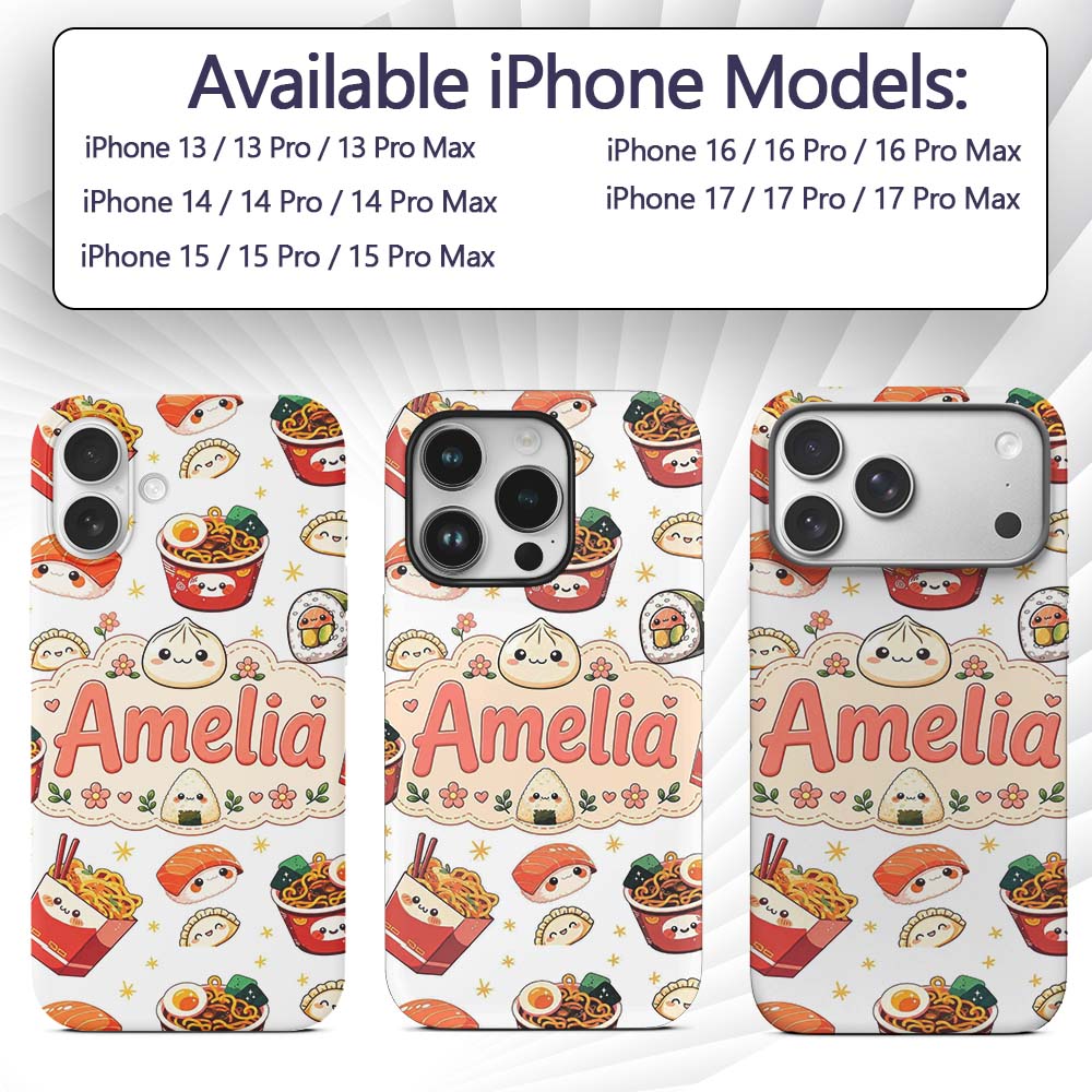 Kawaii Sushi Ramen Dumpling Asian Food Seamless Custom Name Protective Phone Case Mobile Cover Durable Everyday Smartphone Shock Resistant