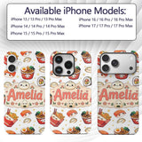 Kawaii Sushi Ramen Dumpling Asian Food Seamless Custom Name Protective Phone Case Mobile Cover Durable Everyday Smartphone Shock Resistant