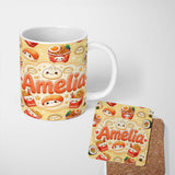 Personalized Custom Name Cute Kawaii Sushi Ramen Dumpling Asian Food Seamless Pattern Yellow 11oz Ceramic Coffee Tea Mug White Large Handle
