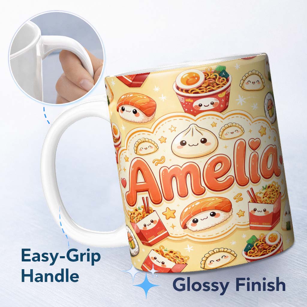 Personalized Custom Name Cute Kawaii Sushi Ramen Dumpling Asian Food Seamless Pattern Yellow 11oz Ceramic Coffee Tea Mug White Large Handle