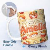Personalized Custom Name Cute Kawaii Sushi Ramen Dumpling Asian Food Seamless Pattern Yellow 11oz Ceramic Coffee Tea Mug White Large Handle