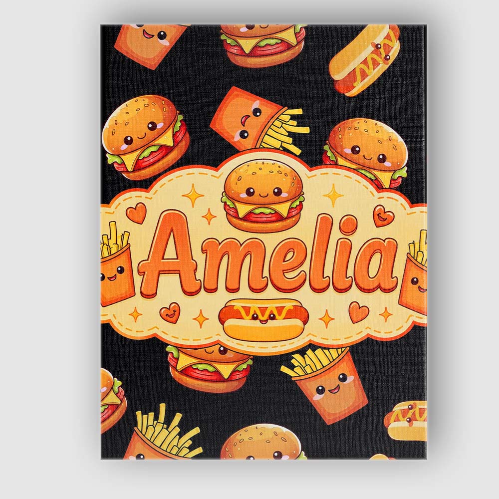 Personalised Name Cute Kawaii Burger Fries Custom  Unique Gift Idea Elegant Feature Canvas Wall Art Print Decor Picture Ready to Hang