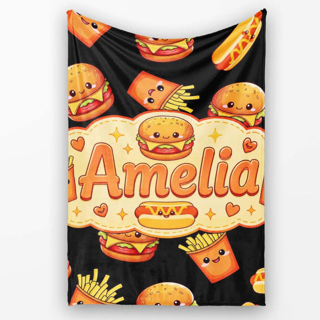 Cute Kawaii Burger Fries Hotdog Fast Food Seamless Pattern Black  Personalised Custom Name Super Soft Fleece Blanket Bed Sofa Throw