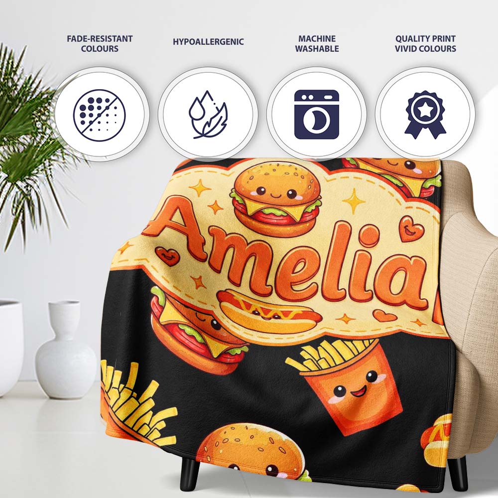 Cute Kawaii Burger Fries Hotdog Fast Food Seamless Pattern Black  Personalised Custom Name Super Soft Fleece Blanket Bed Sofa Throw