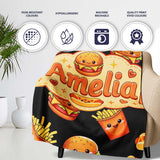 Cute Kawaii Burger Fries Hotdog Fast Food Seamless Pattern Black  Personalised Custom Name Super Soft Fleece Blanket Bed Sofa Throw
