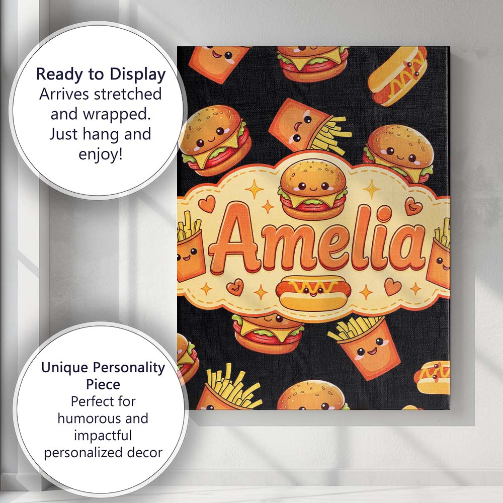 Personalised Name Cute Kawaii Burger Fries Custom  Unique Gift Idea Elegant Feature Canvas Wall Art Print Decor Picture Ready to Hang