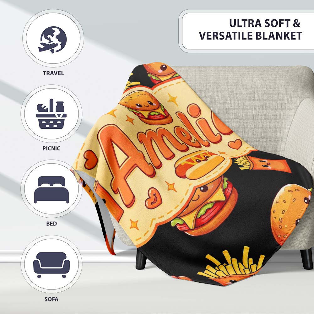 Cute Kawaii Burger Fries Hotdog Fast Food Seamless Pattern Black  Personalised Custom Name Super Soft Fleece Blanket Bed Sofa Throw