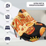Cute Kawaii Burger Fries Hotdog Fast Food Seamless Pattern Black  Personalised Custom Name Super Soft Fleece Blanket Bed Sofa Throw