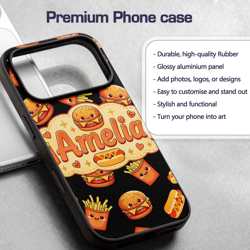 Cute Kawaii Burger Fries Hotdog Printed Design Custom Name Protective Phone Case Mobile Cover Durable Everyday Smartphone Shock Resistant